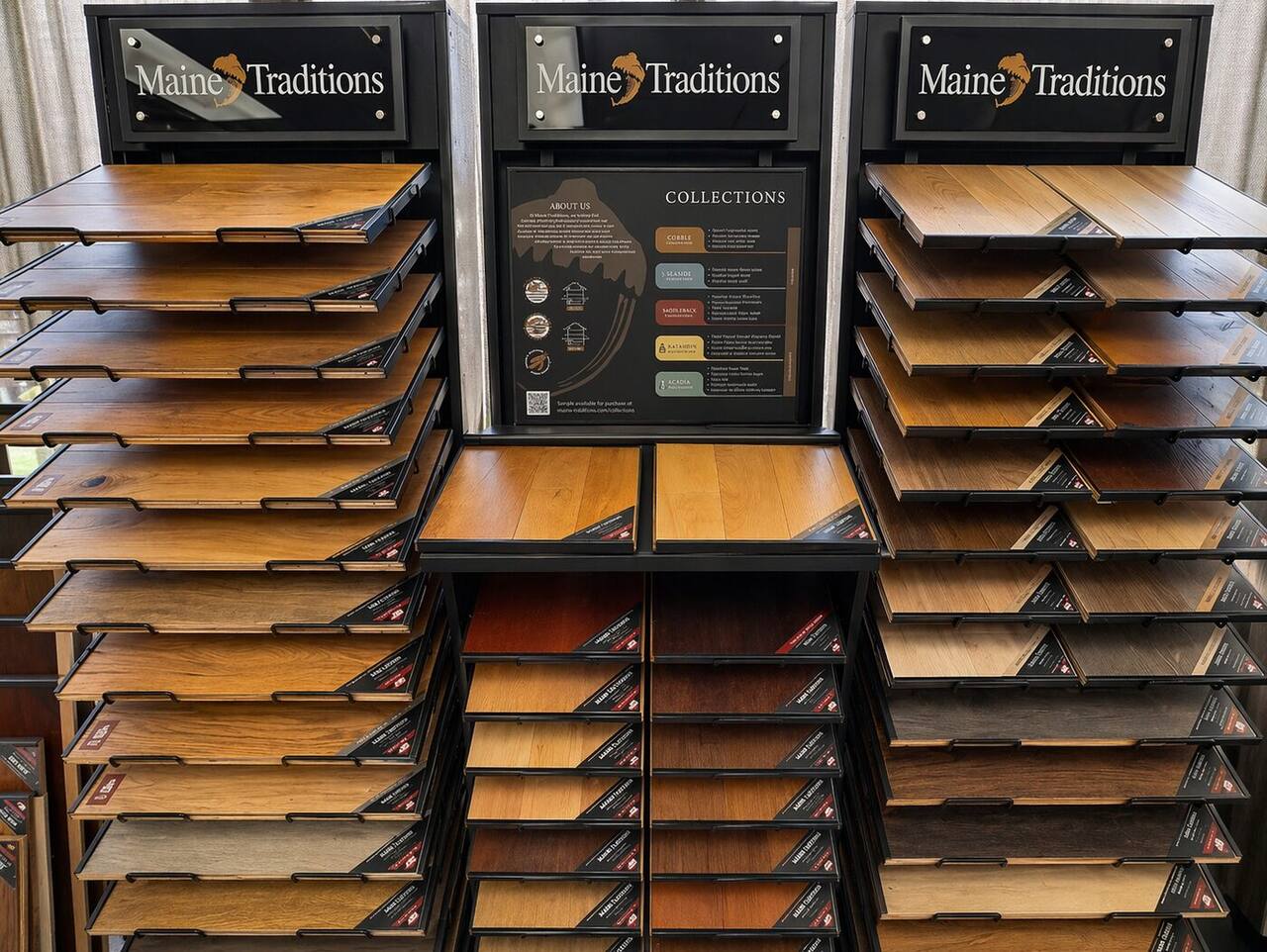 Hardwood plank samples in warm natural tones