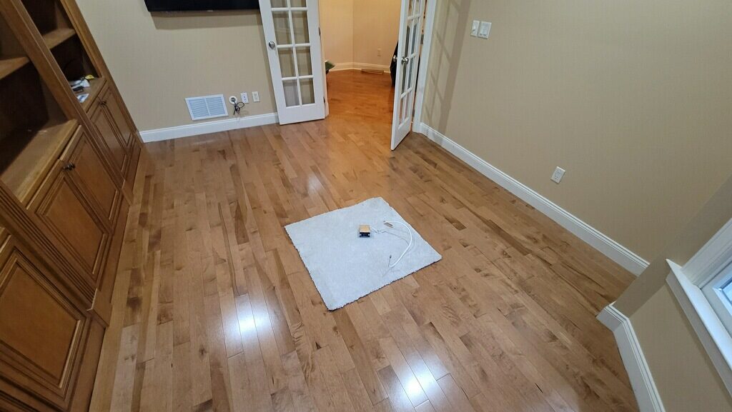 Hardwood flooring samples in a showroom display