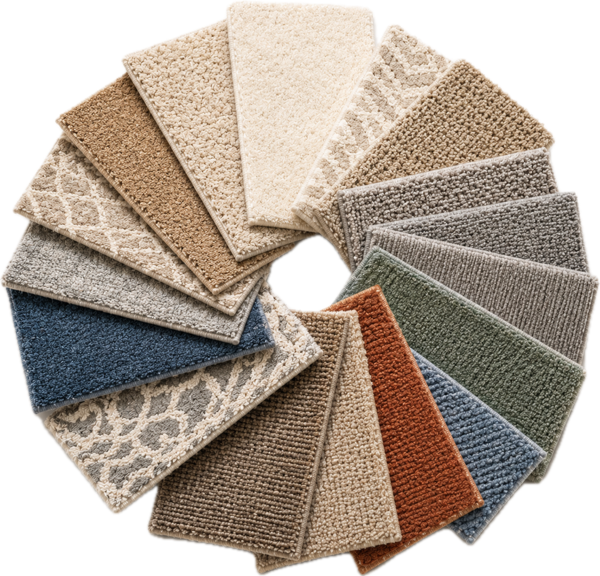 Premium plush, textured saxony, and loop pile carpet sample boards at Albany Carpet Warehouse