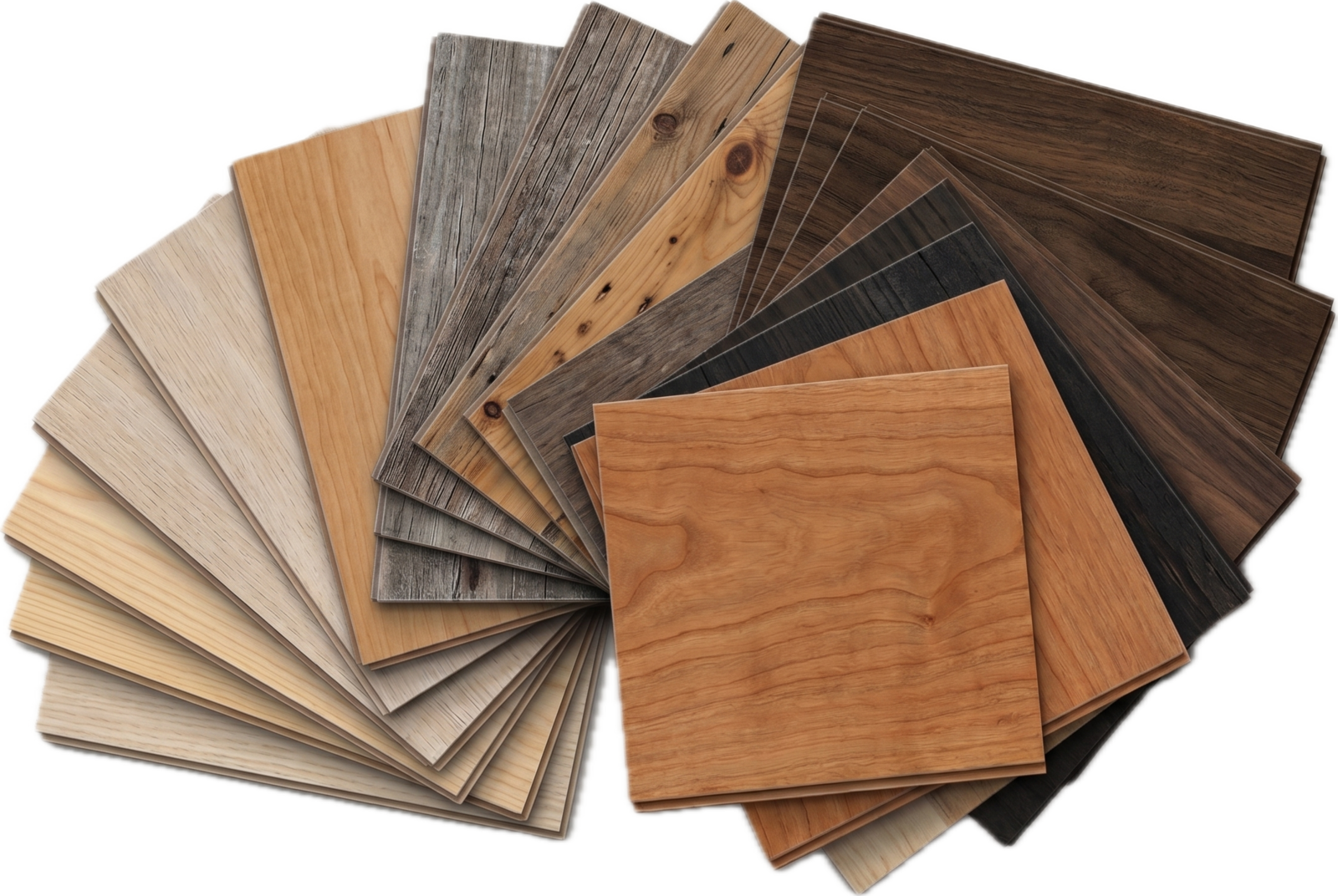 Luxury vinyl plank samples in gray, oak, brown, and natural wood tones on a showroom display