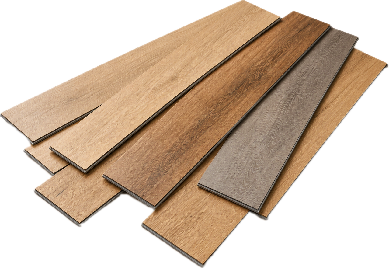 Laminate wood-look flooring samples in multiple tones at the Wolf Road showroom
