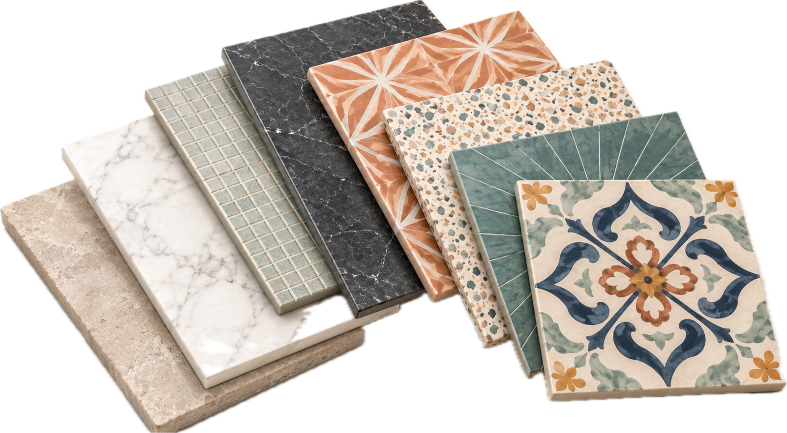 Tile samples in stone, marble, ceramic, and textured finishes at the Wolf Road showroom